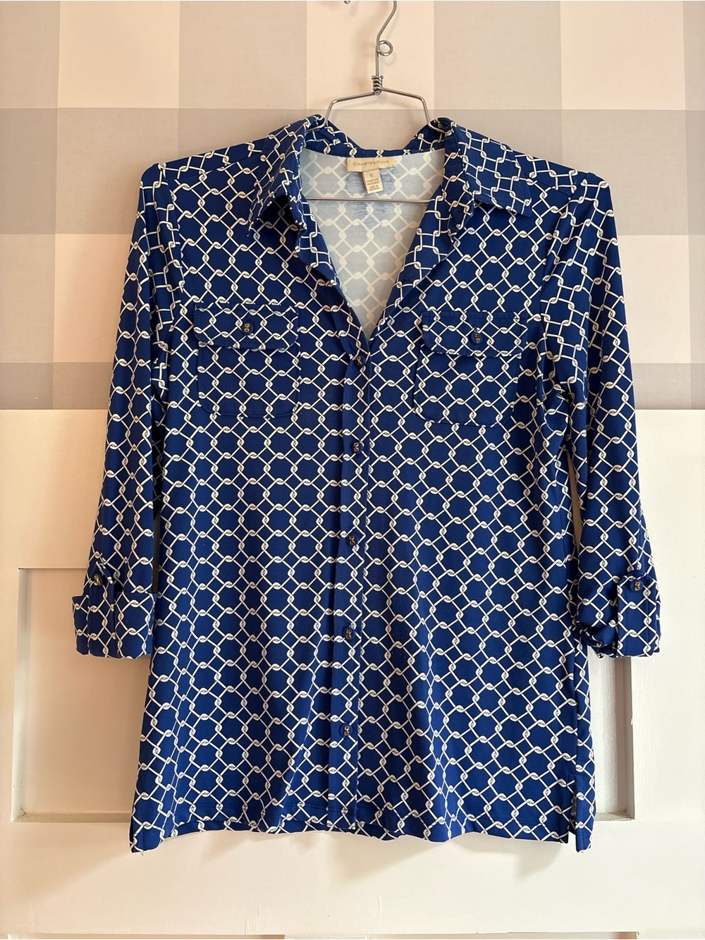 Charter Club Blue Geometric Button-Up Blouse Small - Picture 8 of 8